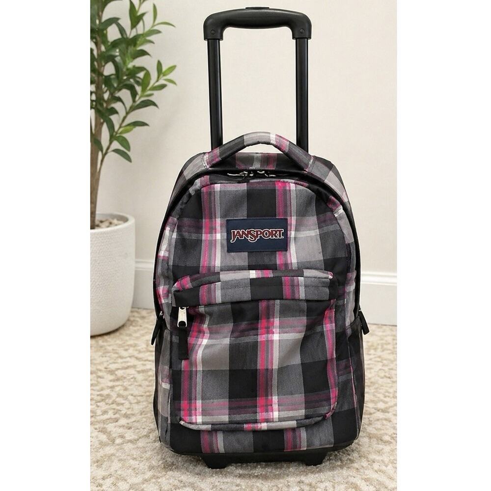 JanSport Driver 8 Rolling Backpack Gray Pink Plaid Wheeled Travel Bag